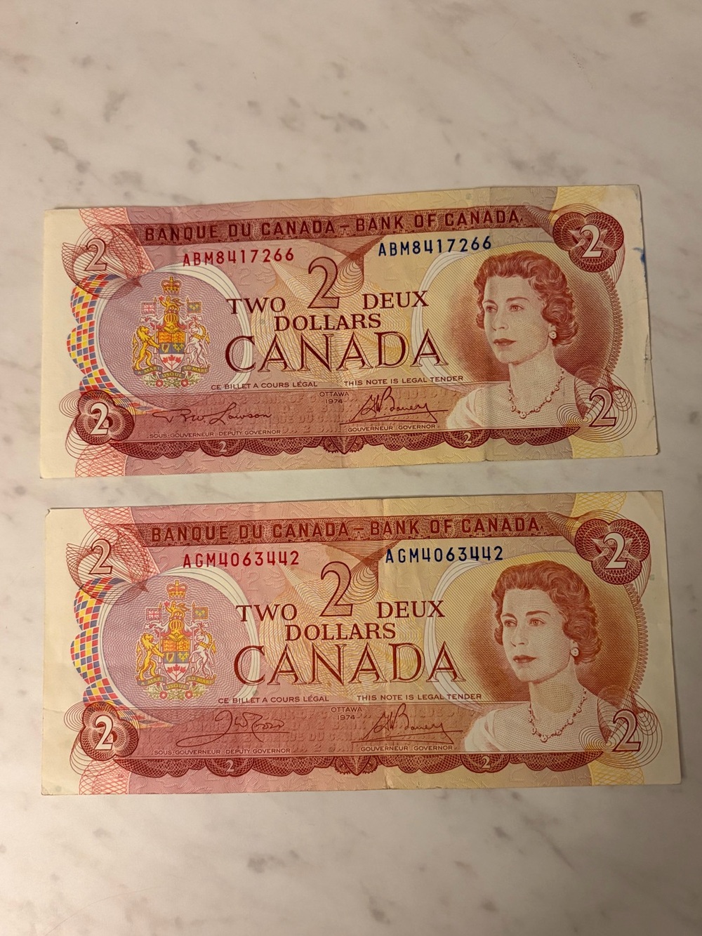 1974 pair Vintage Canada Two Dollar Bills